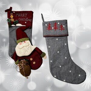Christmas Stockings Set of 2 Santa Snowflake Designs Red Gray 18" Embroidery